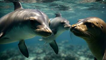 delfin och hav lejon under vattnet stänga upp. ai genererad foto