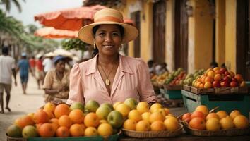 lady försäljning frukt i cartagena, colombia. ai genererad foto