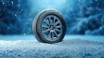 bil däck med realistisk snöflingor på blå bakgrund foto