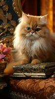kunglig persisk katt varelse borstat med en gyllene hårkam i en lyxig miljö foto