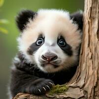 en panda Valp kikar ut från Bakom en träd trunk, ser nyfiken foto
