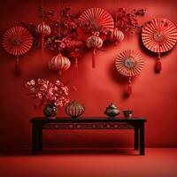 kinesisk lyktor med fläkt bakgrund på en röd bakgrund foto
