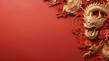 kinesisk ny år röd bakgrund med guld drake med stor copy område foto
