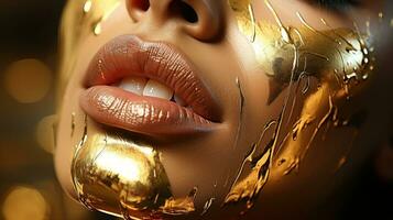 skön kvinna med gyllene smink och gyllene måla på mun. foto