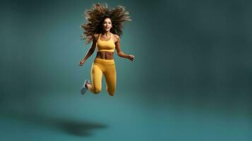 atletisk ung kvinna i gul sport kostym Hoppar i de luft isolerat på blå bakgrund. foto