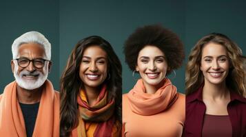 collage av leende multietnisk människor bär halsdukar över mörk bakgrund. foto