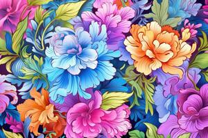 sömlös mönster med färgrik blommor. blommig bakgrund. vektor illustration, blommig färgrik sömlös mönster. lisa frank och James jean inspirerad naturlig växter och blommor, ai genererad foto