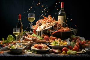 skaldjur tallrik på trä- tabell med vin och kex, mat få förlorad , ai genererad foto