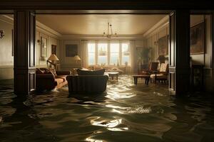 interiör av en hotell simning slå samman. 3d framställa illustration, översvämmad hus med rum full av vatten, ai genererad foto