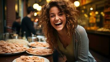 skön ung skrattande kvinna äter småkakor i en Kafé i paris, Frankrike. foto