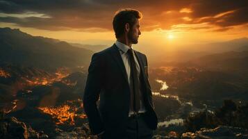 affärsman stående på topp av en berg och ser på de solnedgång. foto
