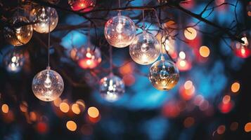 vibrerande jul bollar på gata ljus på natt kopia utrymme,ai genererad foto
