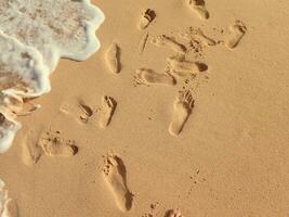 fotspår i de sand på de havsstrand på en värma sommar dag, foto