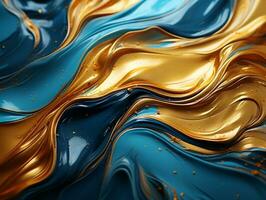 lyx stänga upp glansig textur av guld flytande måla bakgrund ai generativ foto