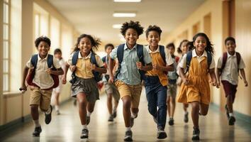 Lycklig olika skola barn löpning i korridor på skola. tillbaka till skola begrepp. ai genererad foto
