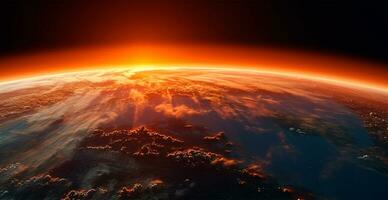 panorama- se av de klot av planet jord från Plats. lysande ljus Sol - ai genererad bild foto