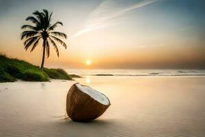 kokos på de strand på solnedgång. ai-genererad foto