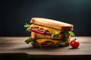 en smörgås med ost, tomater och sallad på en trä- tabell. ai-genererad foto
