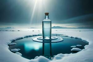 en flaska av vatten sitter på topp av en frysta sjö. ai-genererad foto