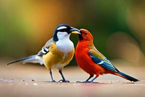 två färgrik fåglar stående på de jord. ai-genererad foto