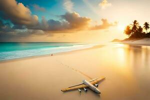 ett flygplan är Sammanträde på de strand på solnedgång. ai-genererad foto