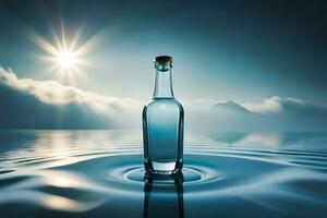 en flaska av vatten Sammanträde på de vatten med de Sol lysande i de bakgrund. ai-genererad foto