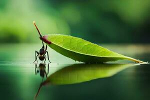 en små myra är Sammanträde på en blad. ai-genererad foto