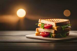 grillad ost smörgås med tomat och sallad på trä- styrelse. ai-genererad foto