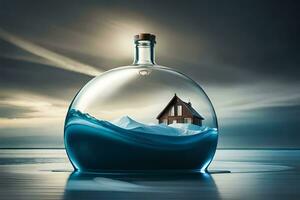 en hus i en flaska på de hav. ai-genererad foto