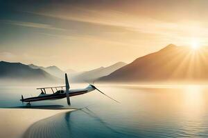 en små flygplan sitter på de Strand av en sjö. ai-genererad foto
