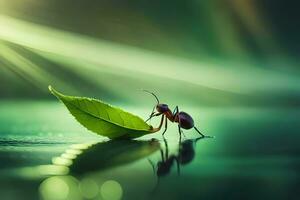 en små myra är stående på en blad. ai-genererad foto