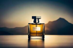 en flaska av parfym Sammanträde på en tabell i främre av en berg. ai-genererad foto
