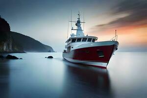 en röd och vit båt är segling i de hav. ai-genererad foto