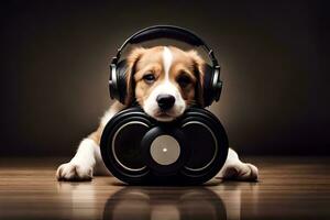 en hund bär hörlurar och Sammanträde på en högtalare. ai-genererad foto