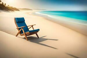 en stol sitter på de sand på de strand. ai-genererad foto
