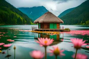rosa lotus blommor i de sjö. ai-genererad foto