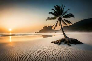 en handflatan träd står på de strand på solnedgång. ai-genererad foto