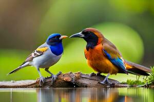 två färgrik fåglar stående på en gren nära vatten. ai-genererad foto