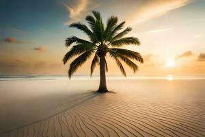 en handflatan träd står ensam på en sandig strand på solnedgång. ai-genererad foto