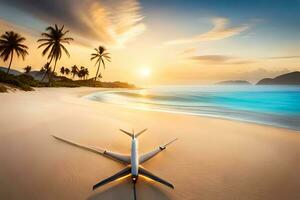 ett flygplan på de strand på solnedgång. ai-genererad foto