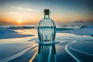 en flaska av vatten sitter på de strand på solnedgång. ai-genererad foto