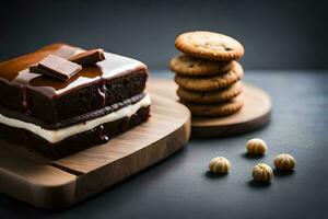 choklad kaka med småkakor och grädde på en trä- styrelse. ai-genererad foto