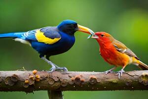 två färgrik fåglar är stående på en gren. ai-genererad foto