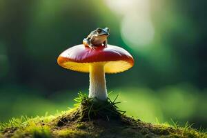 en groda sitter på topp av en svamp. ai-genererad foto