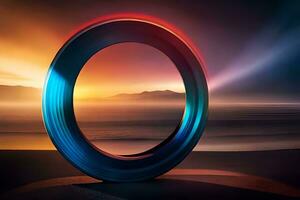 en ringa med en färgrik ljus lysande genom Det. ai-genererad foto