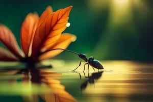 en små insekt är stående på de vatten med en blomma. ai-genererad foto