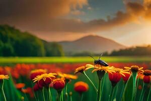 en insekt är Sammanträde på en blomma i främre av en berg. ai-genererad foto