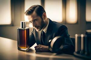 en man i en kostym är ser på en flaska av parfym. ai-genererad foto