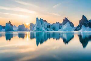 de Sol stiger över isberg i de arktisk hav. ai-genererad foto