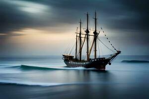 en segling fartyg i de hav på solnedgång. ai-genererad foto